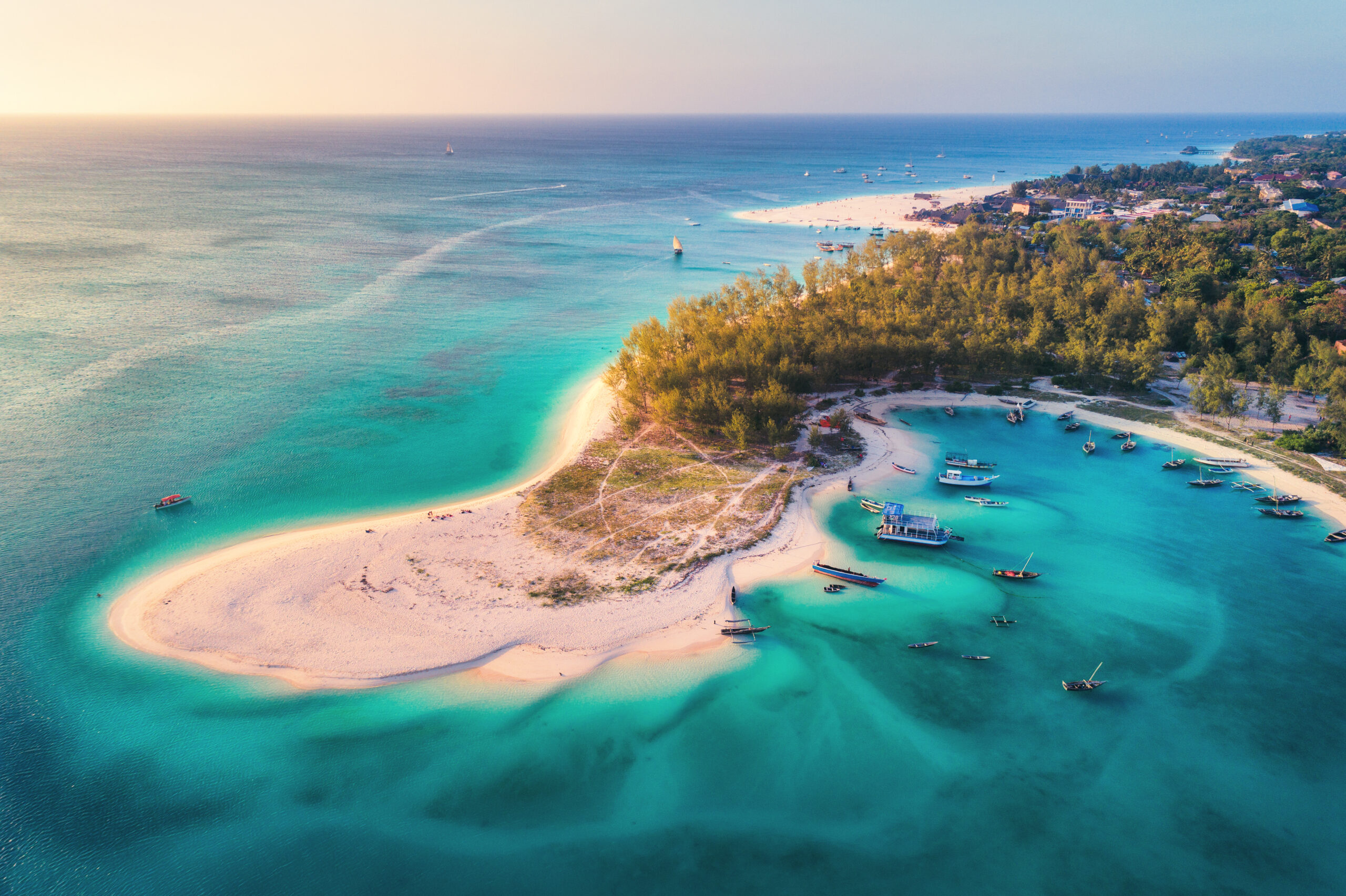 Aerial view of fishing boats on turquoise water along a Zanzibar beach